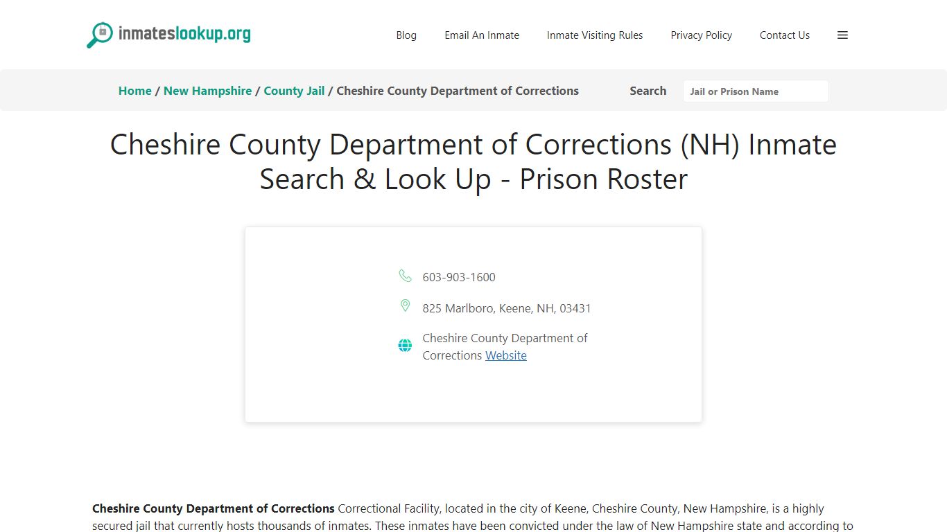 Cheshire County Department of Corrections (NH) Inmate Search & Look Up ...